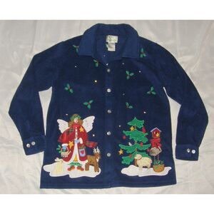 QUACKER FACTORY Embroidered Blue Sz Medium Soft Fleece Christmas Button Up Shirt
